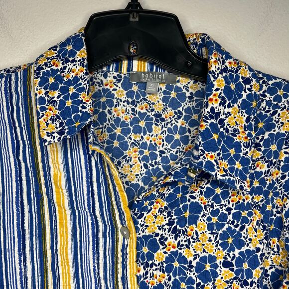 Habitat Yellow Blue Stripe Floral *XS Top Cotton Crinkle 3/4 Sleeve Button Boho - Picture 2 of 16